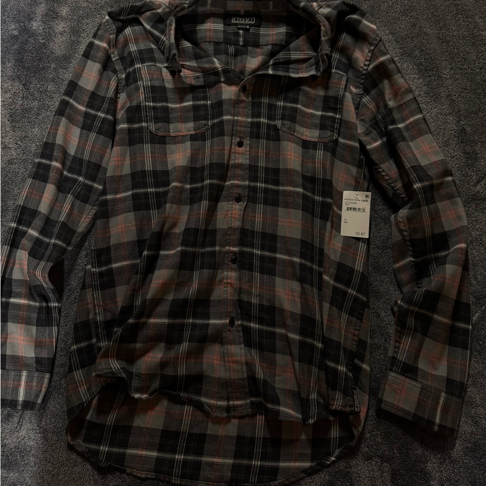 Ezekiel Men's Plaid Button Down Shirt in Black, Gray, and Red
